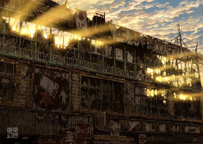 Ruined building at sunset