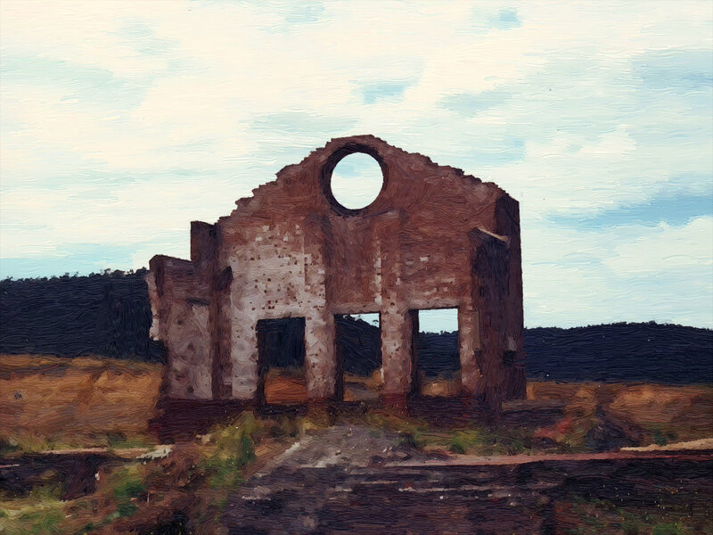 Ruined Building in Field — Brown