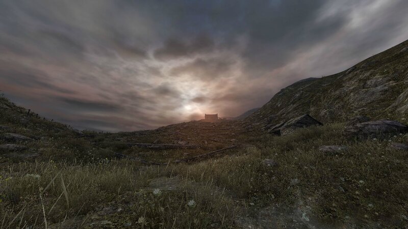 Ruined Building on Hill — Gray
