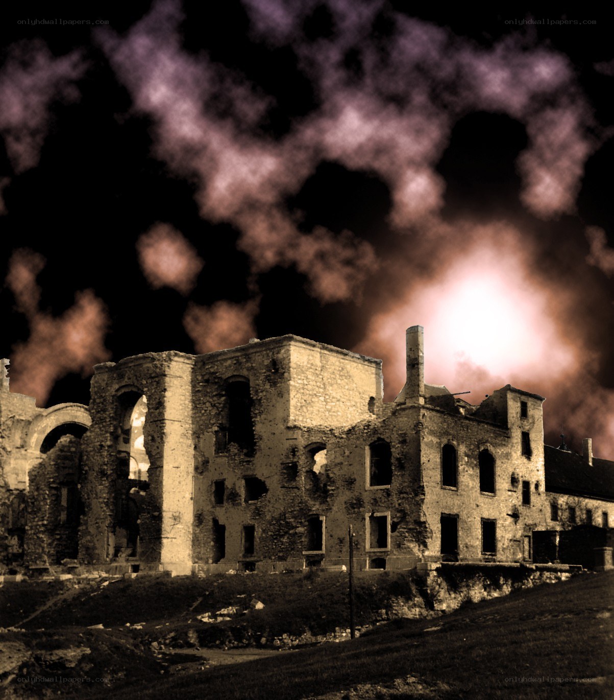 ruined building under stormy sky