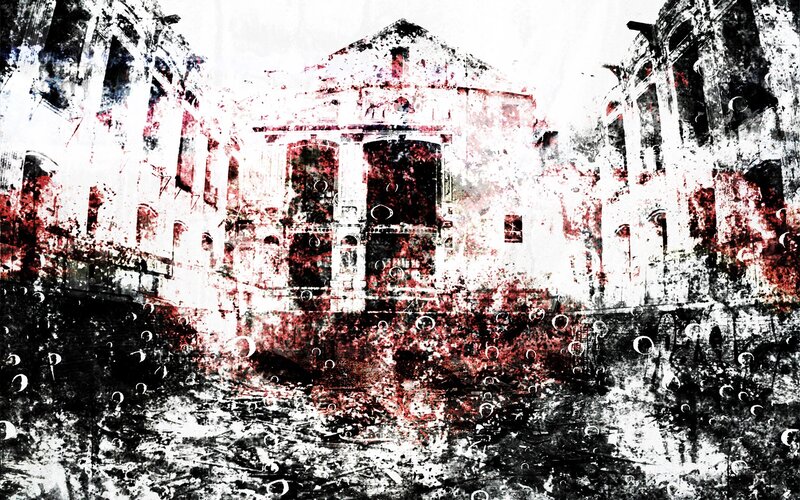 ruined building with red splatters