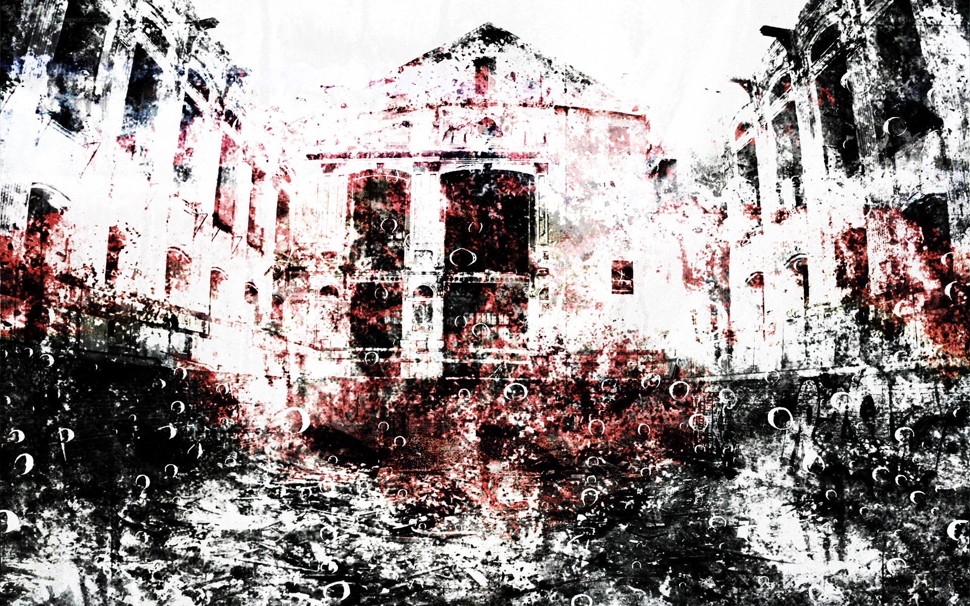 ruined building with red splatters