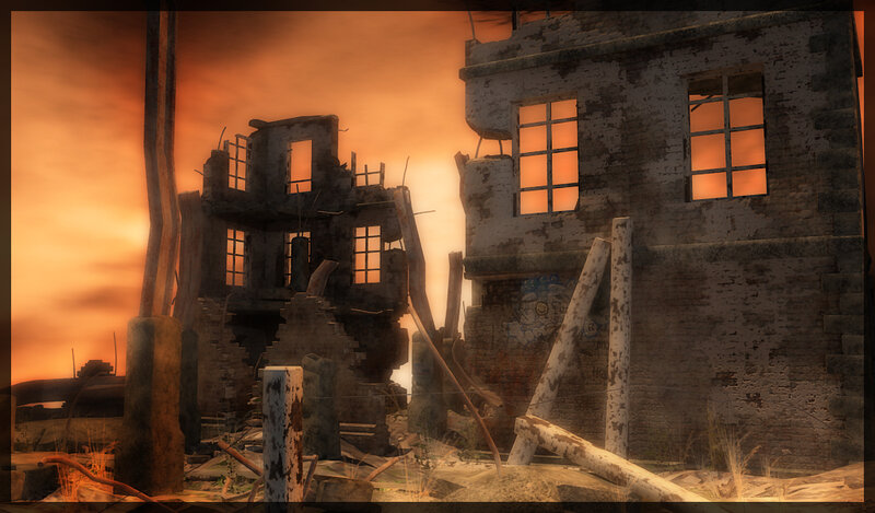 ruined buildings at sunset