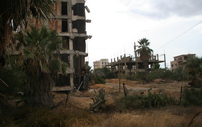 Ruined buildings in a desert area
