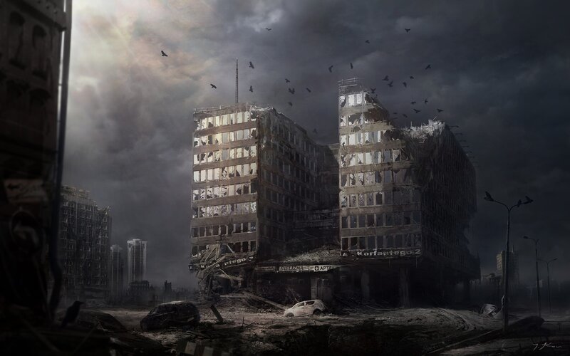 Ruined Buildings in City — Gray