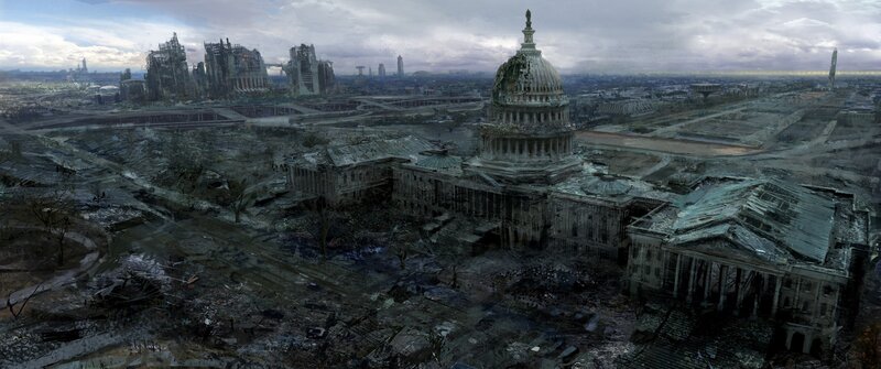 Ruined Capitol Building — Gray, Apocalyptic, Afternoon, Digital Art