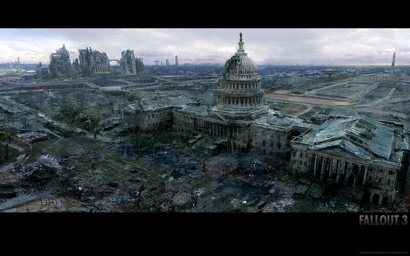 Ruined Capitol Building — Gray, Apocalyptic, Digital Art, City Ruins, Skyscraper