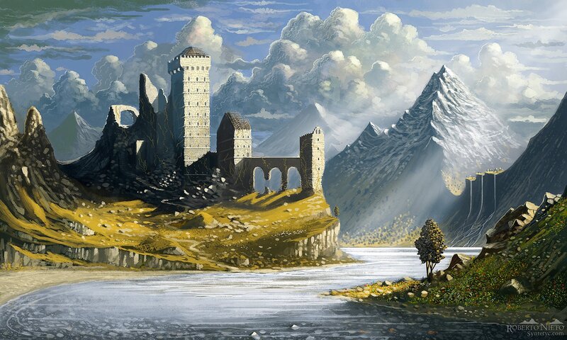 Ruined Castle by Lake — Blue, Dramatic