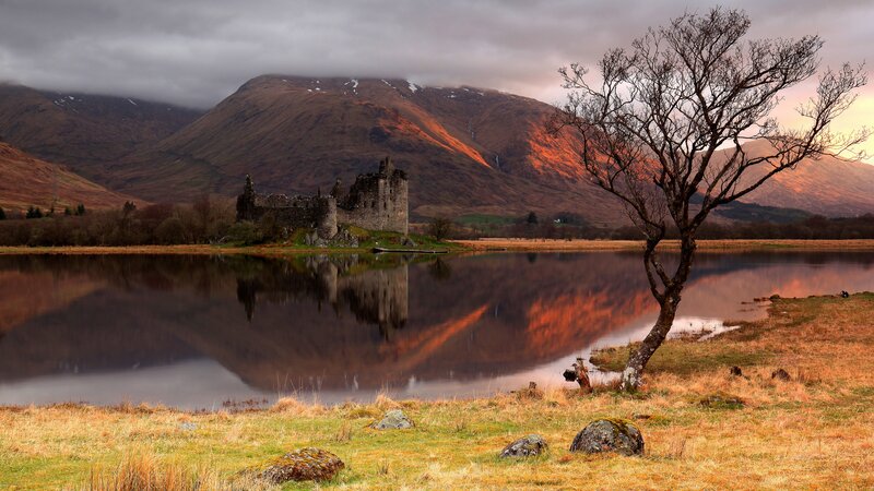 Ruined Castle by Lake — Brown, Dramatic