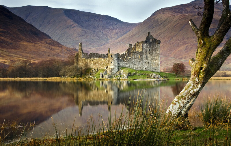 Ruined Castle by Lake — Brown