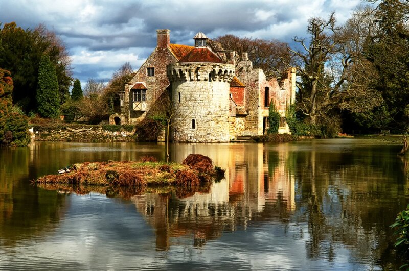 Ruined Castle by Lake — Green, Dramatic