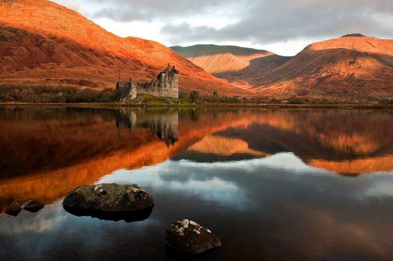 Ruined Castle by Lake — Orange, Serene