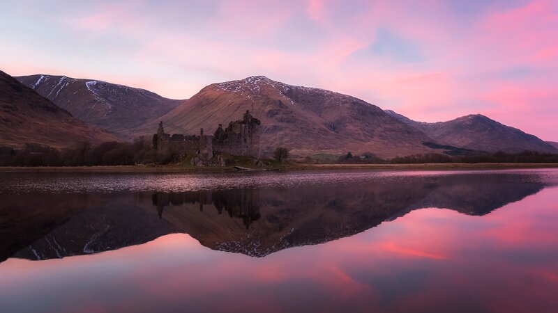 Ruined Castle by Lake — Pink