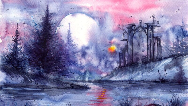 Ruined Castle by Lake — Purple