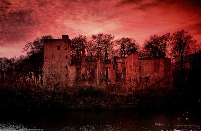 Ruined Castle by Lake — Red
