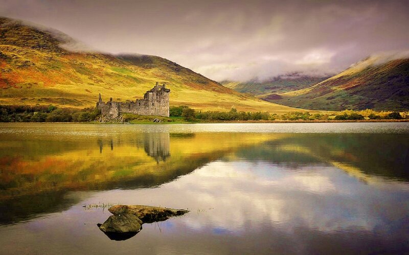 Ruined Castle by Lake — Yellow