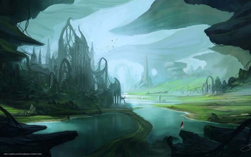 Ruined Castle by River — Green