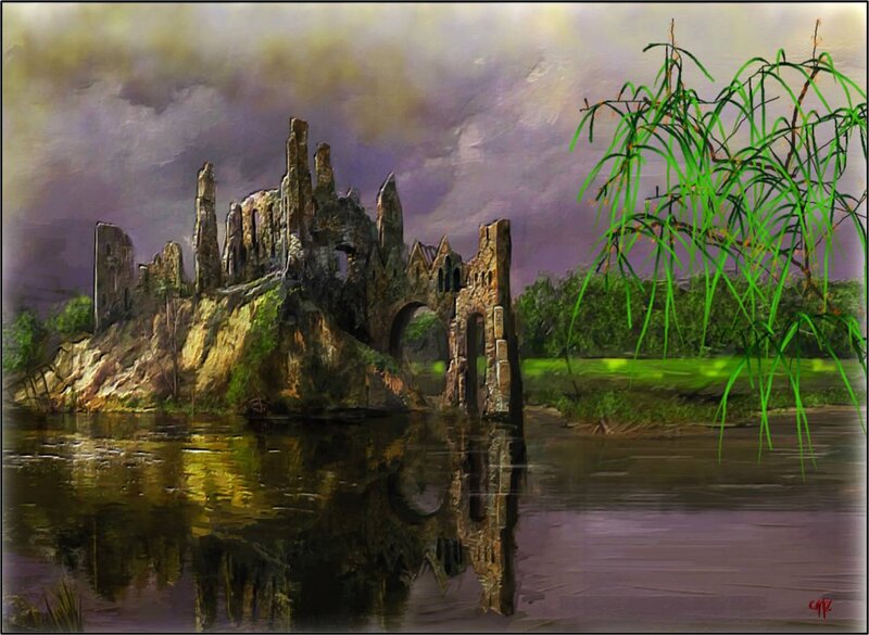 Ruined Castle by River — Purple