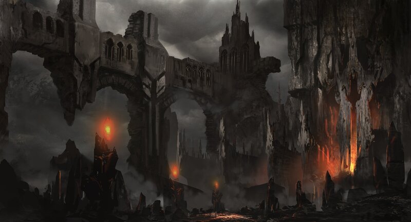 ruined castle in a dark landscape