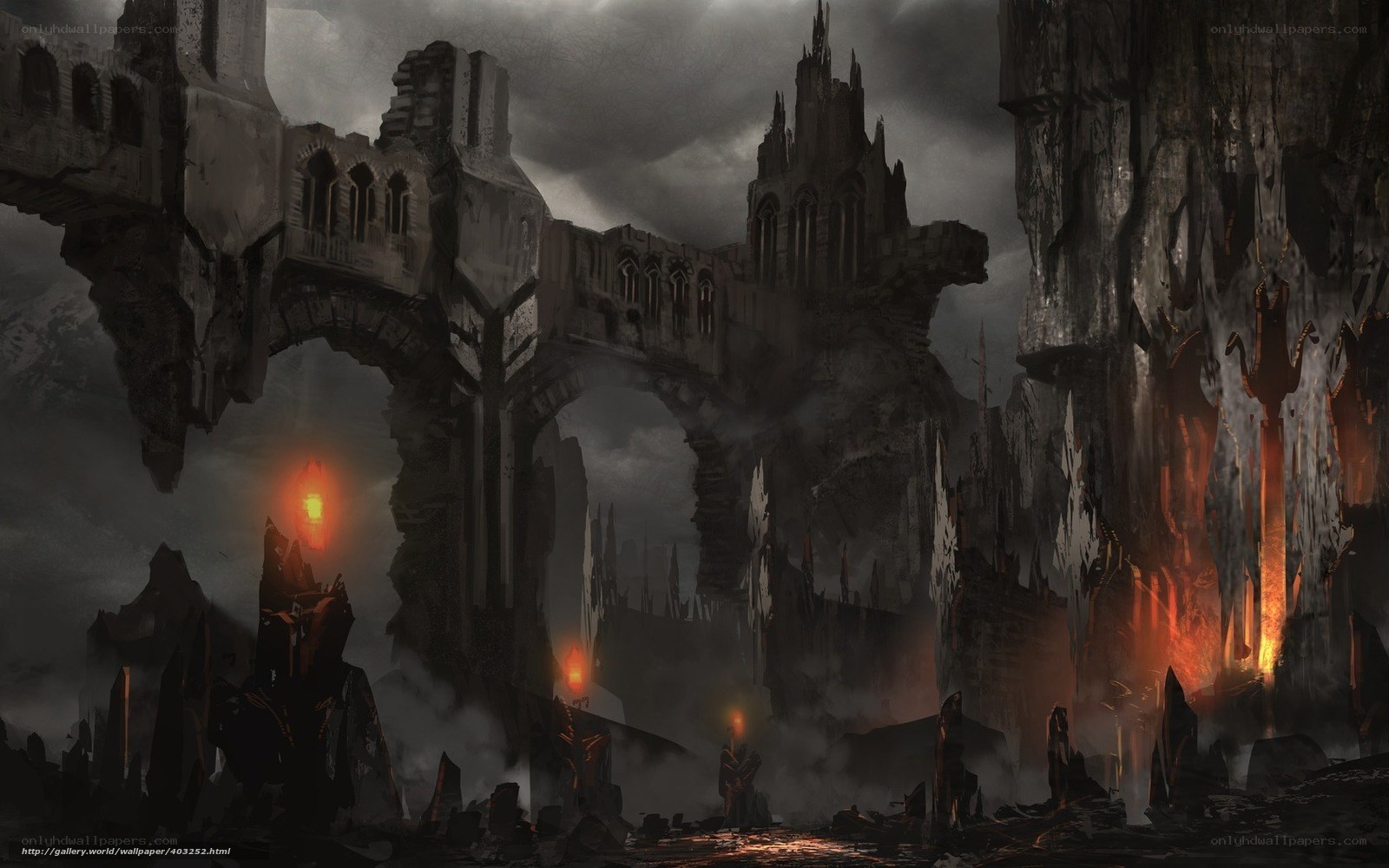 ruined castle in dark landscape