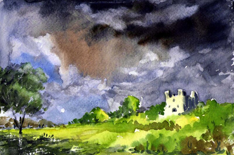 Ruined Castle in Field — Green