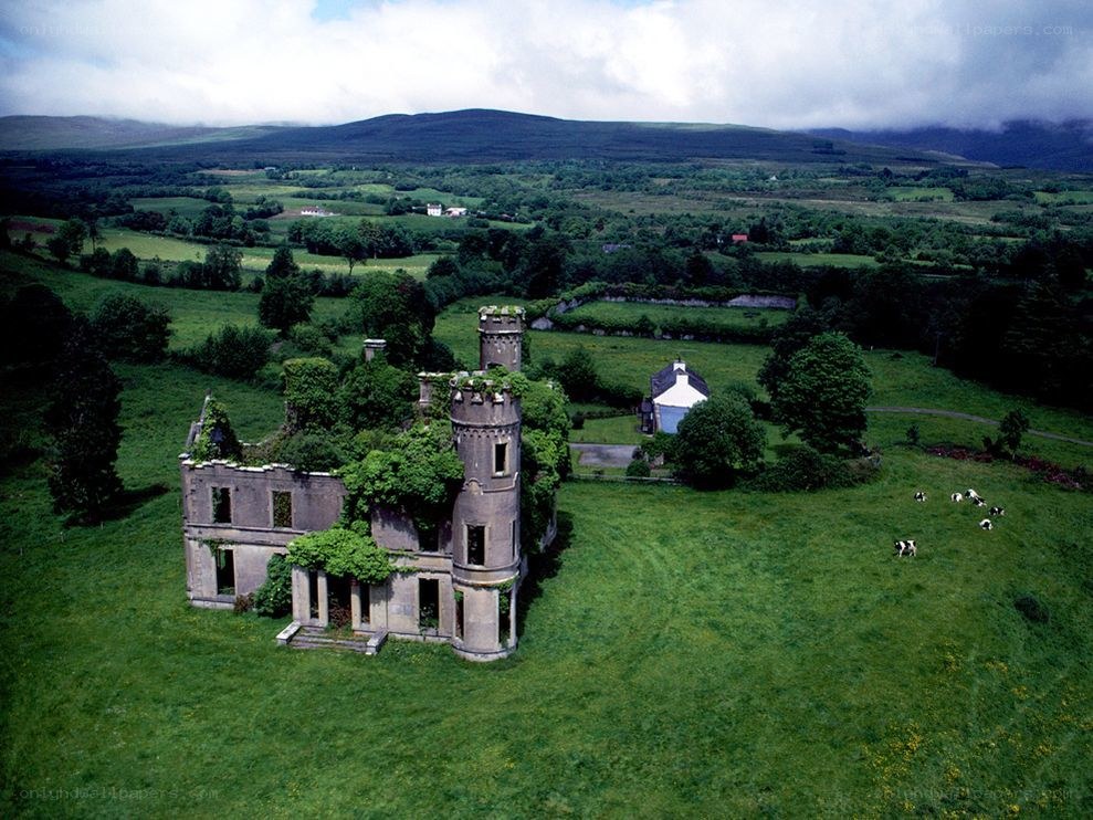ruined castle in green fields