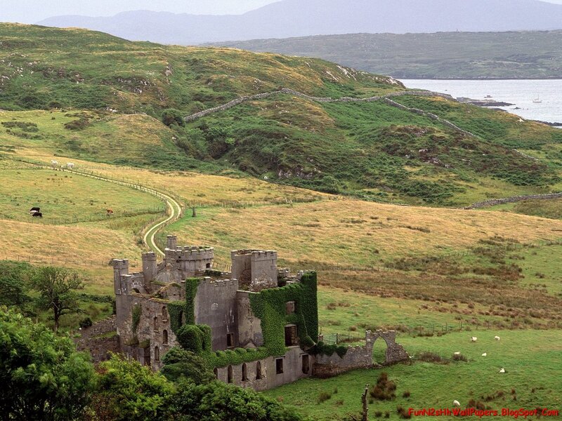 ruined castle in green hills