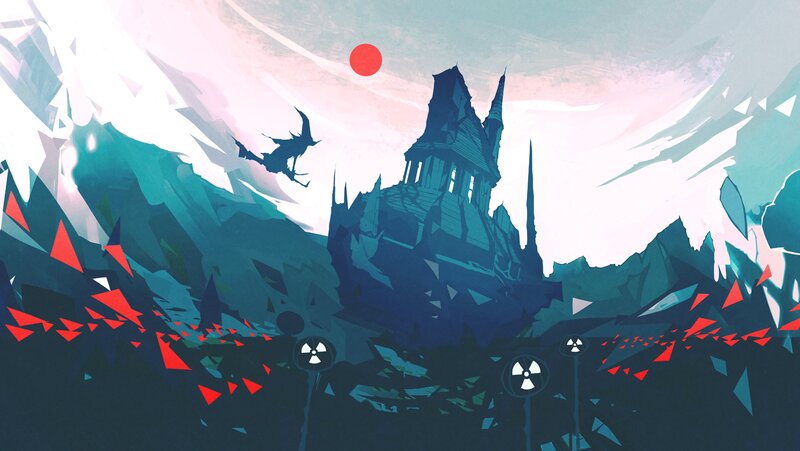 Ruined Castle in Mountains — Blue, Dramatic