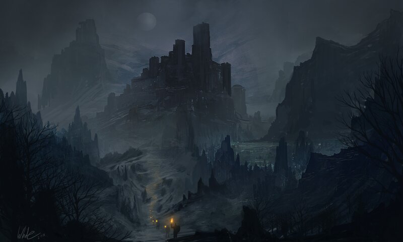 Ruined Castle in Mountains — Gray, Dramatic, Night