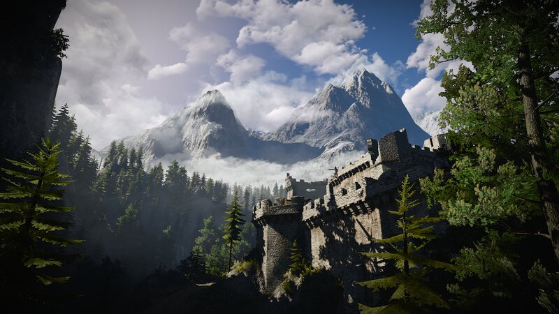 Ruined Castle in Mountains — Green, Dramatic, Afternoon, 3d Render