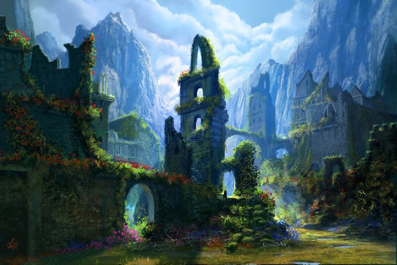 Ruined Castle in Mountains — Green