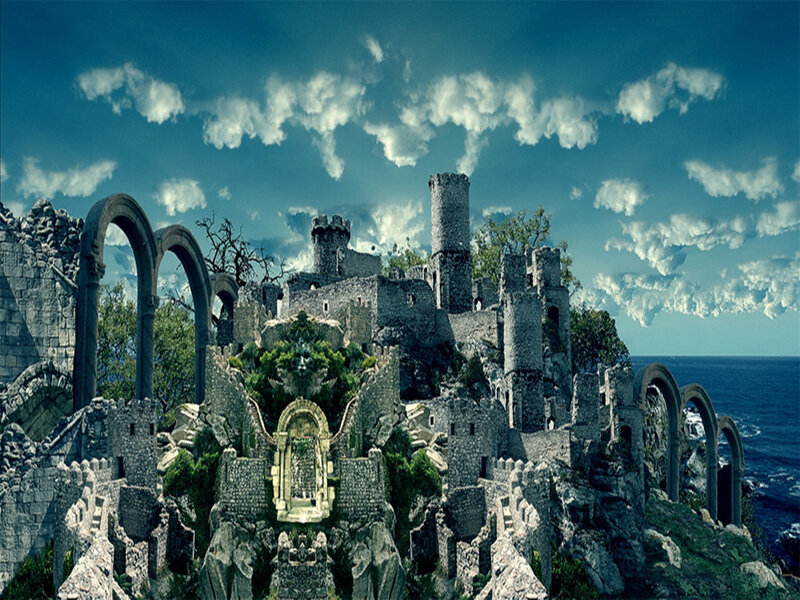 Ruined Castle on Cliff — Blue, Dramatic, Afternoon, Digital Art