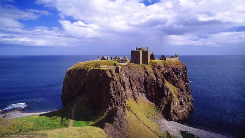 Ruined Castle on Cliff — Blue, Dramatic, Afternoon, Photograph, Ocean, Sky, Path