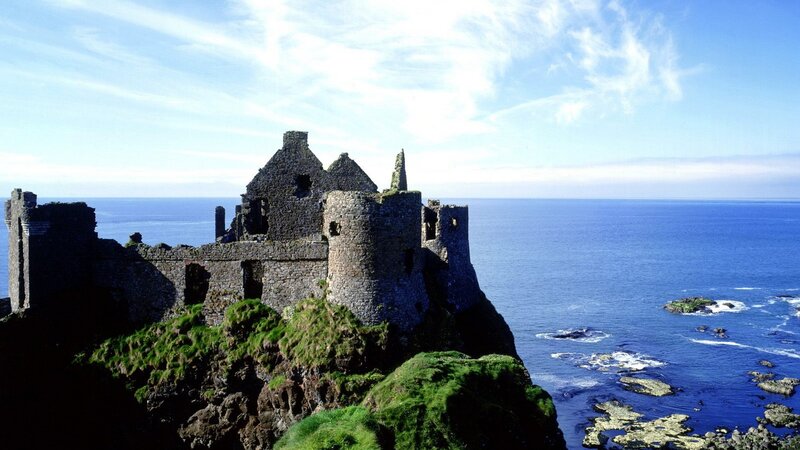 Ruined Castle on Cliff — Blue, Dramatic, Afternoon, Photograph, Ocean, Sky, Rocks, Green