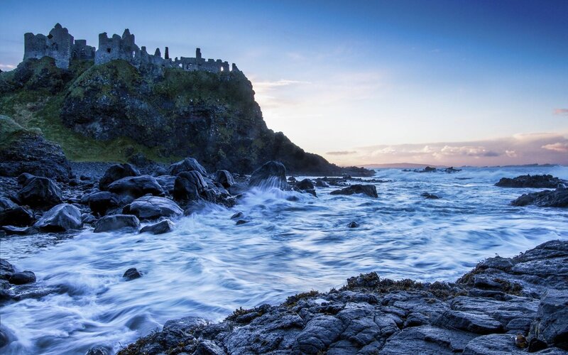 Ruined Castle on Cliff — Blue, Dramatic, Sunset, Photograph