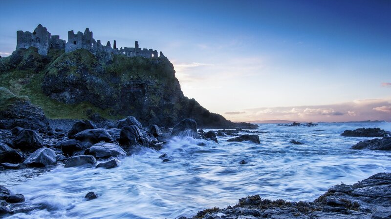 Ruined Castle on Cliff — Blue, Dramatic, Sunset