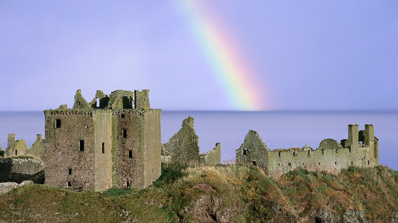 Ruined Castle on Cliff — Blue, Serene, Afternoon, Photograph, Rainbow