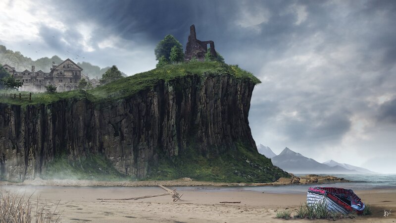 Ruined Castle on Cliff — Gray, Dramatic, Digital Art
