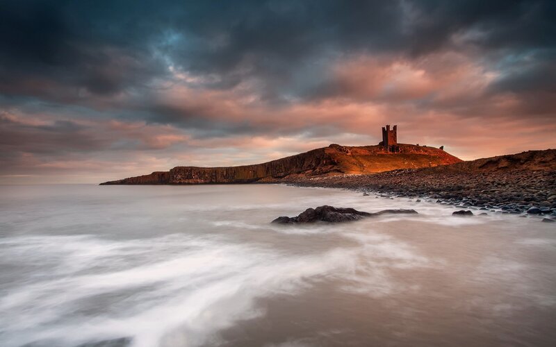 Ruined Castle on Cliff — Gray, Dramatic, Sunset