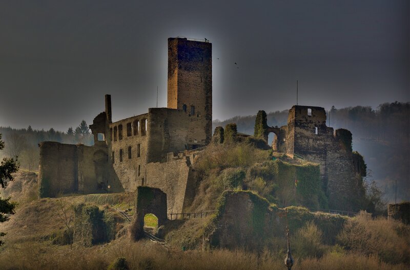 Ruined Castle on Hill — Gray, Dramatic, Night, Photograph