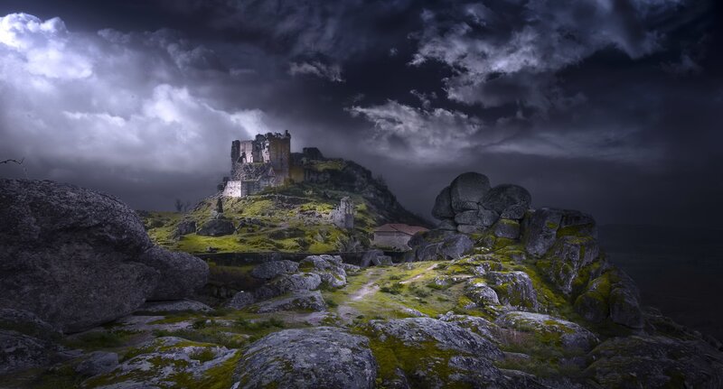 Ruined Castle on Hill — Gray, Dramatic, Night