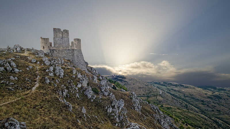 Ruined Castle on Hill — Gray, Dramatic, Sunset