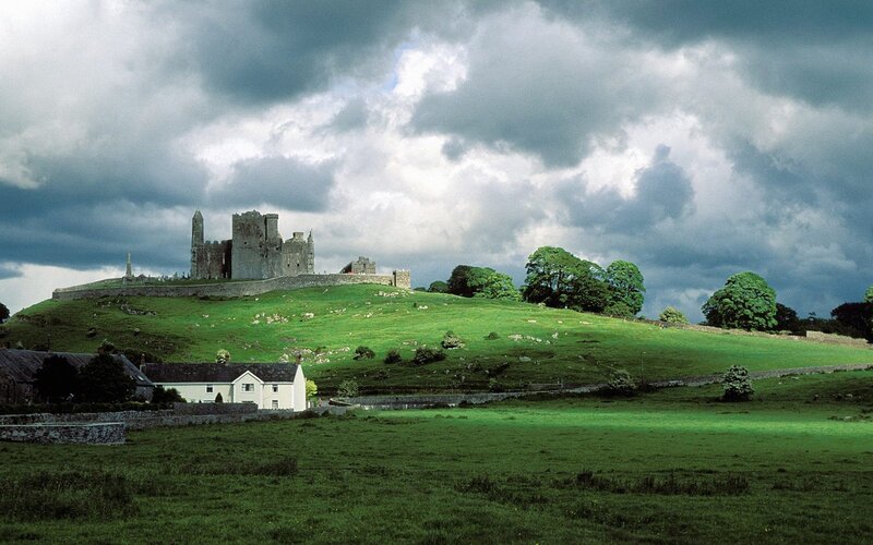 Ruined Castle on Hill — Green, Dramatic, Afternoon, Photograph, House, Trees, Gray