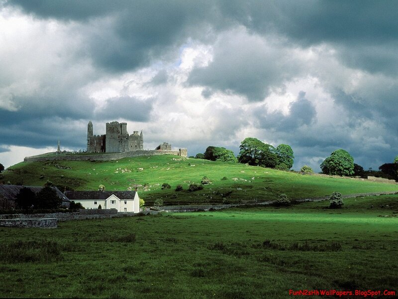 Ruined Castle on Hill — Green, Dramatic, Afternoon, Photograph, House, Trees, Gray, White