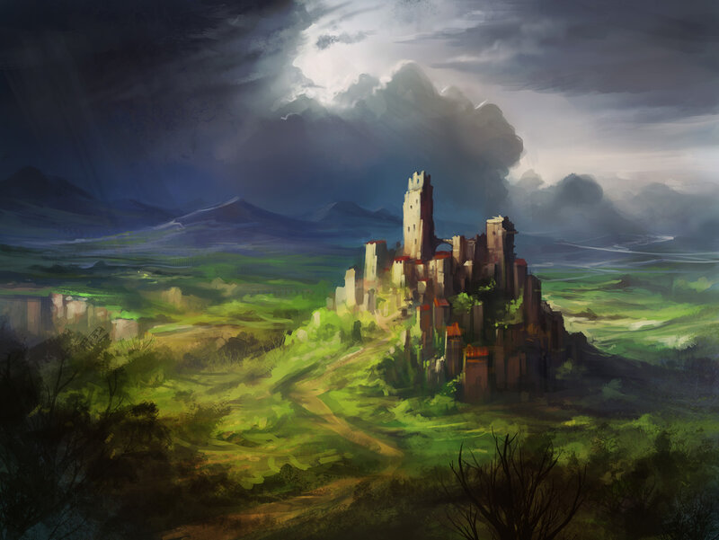 Ruined Castle on Hill — Green, Dramatic, Night