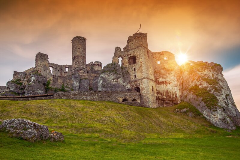 Ruined Castle on Hill — Green, Dramatic, Sunset