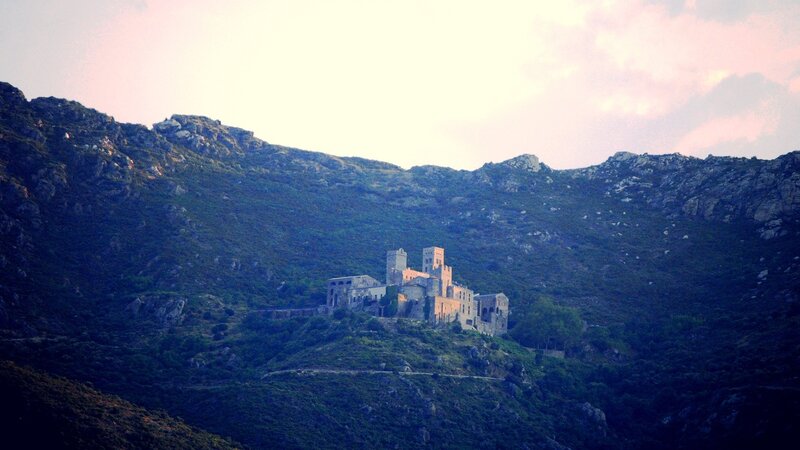 Ruined Castle on Hill — Green, Serene, Sunset, Photograph