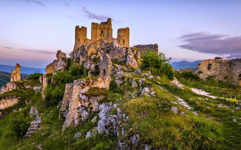 Ruined Castle on Hill — Green, Serene, Sunset