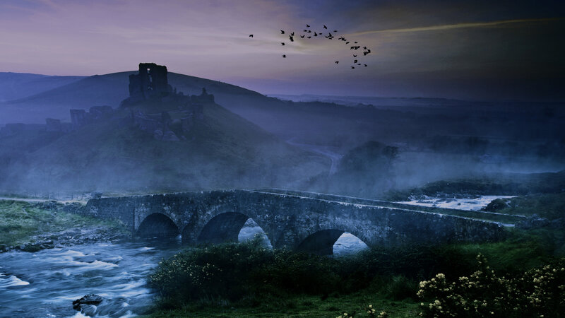 Ruined Castle on Hill — Purple, Dramatic, Sunset