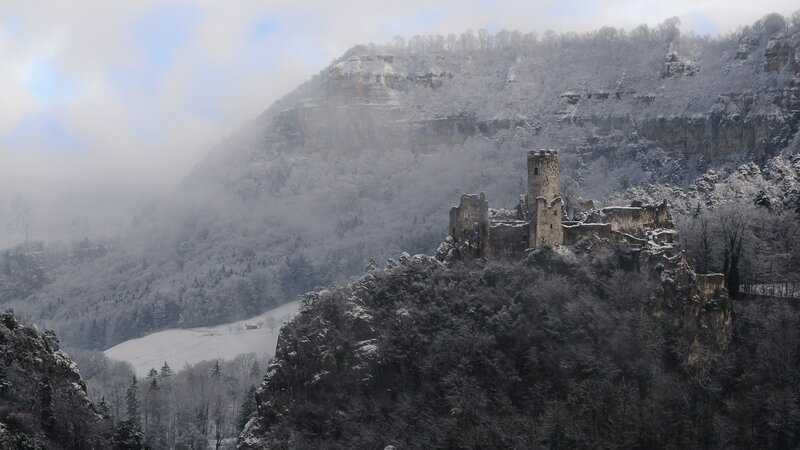 Ruined Castle on Hill — White, Misty